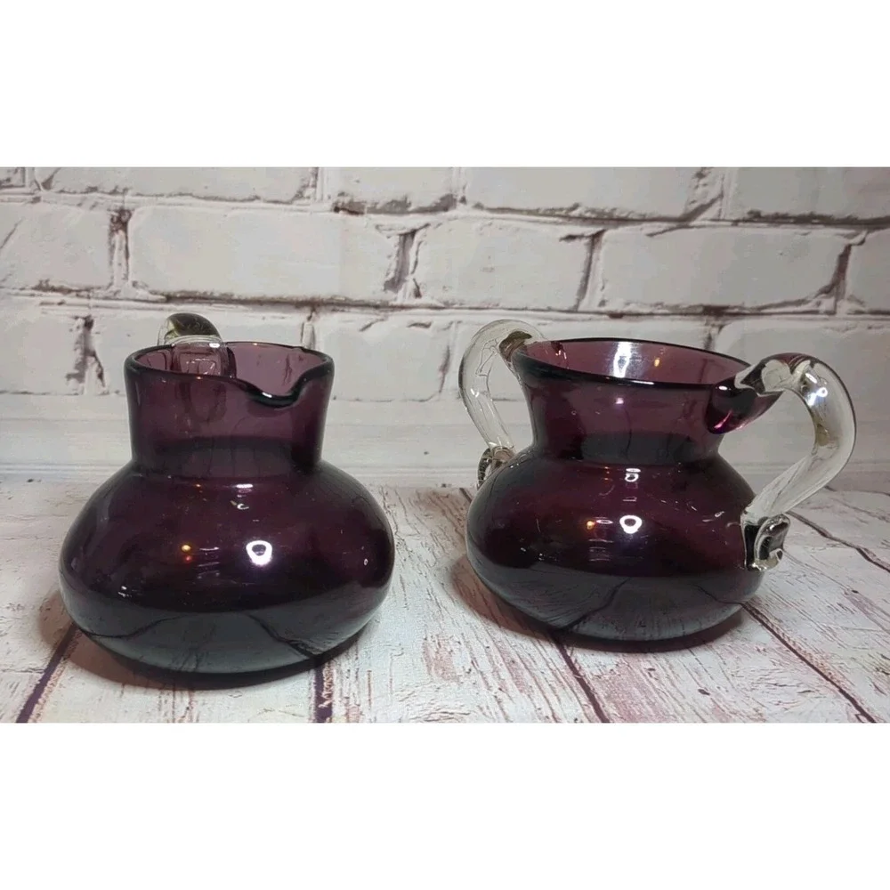 Hand Blown‎ Amethyst Glass Sugar And Creamer Set